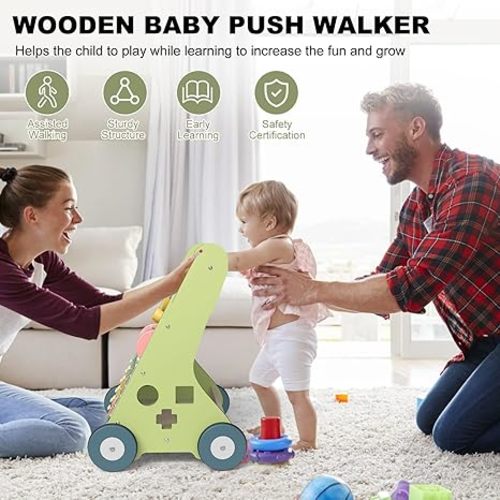 Wooden Baby Walker Wheels,Baby Push Walker for Babies 6-12 Months Montessori,Toddler Walker Push Toy Wooden Activity Walker for Baby Boy,Walking Toys for 1 Year Old Learning to Walk Girl - Green