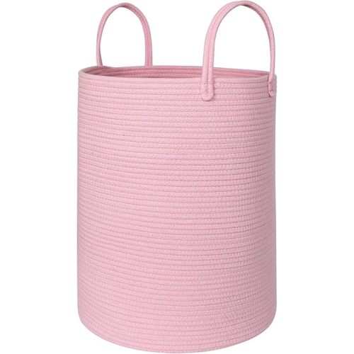 MEGASKET Large Pink Laundry Basket, 15"x18" Tall Blanket Storage for Living Room, Woven Cotton Rope Laundry Hamper for Girls Baby, Pink Room Decor Aesthetic, Decorative Clothes Hamper for Towels Toys