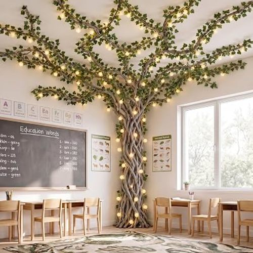 Thiccywoov 3D Classroom Tree Bulletin Board Decoration 29.5ft Faux Tree Vine 6.89ft Ivy Leaves 9.8ft LED Light String for DIY Kindergarten Elementary Classroom Reading Corner Back to School Decoration