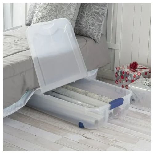 66 Quart Clear Underbed Storage Container with Latch Lid and Wheels, Blue