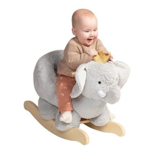 Manhattan Toy Plush Elephant Wooden Rocking Toy with Crown, Adjustable Seat Belt and Wooden Hand Grips