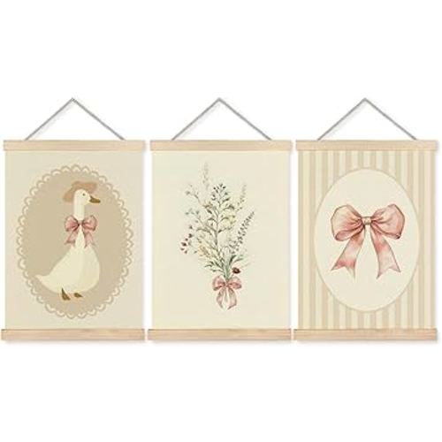 Nipil Coquette Pink Bow Goose Flower Nursery Poster Hanger Frame, Pastel Silly Goose Floral Preppy Bow Hanging Canvas Framed Wall Art Decor for Nursery Girls Room Dorm, 12x16 Inch Set of 3