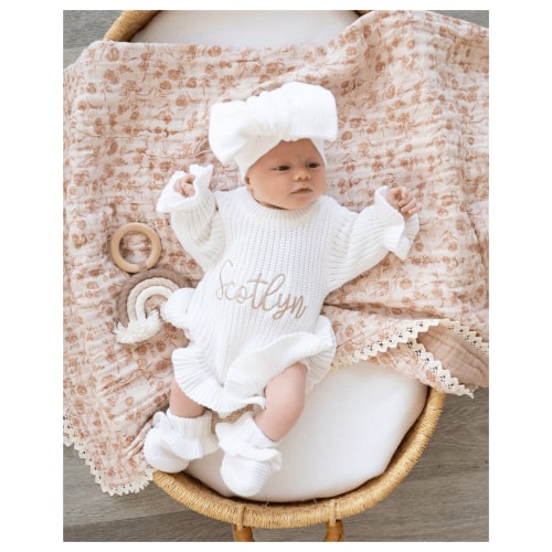 White Organic Cotton Knit Ruffle Romper | Personalized Name Bundle