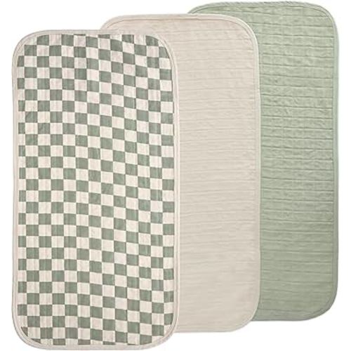 mushie Waterproof Changing Pad Liners | 100% Organic Cotton | Set of 3 (Olive Check Combo)