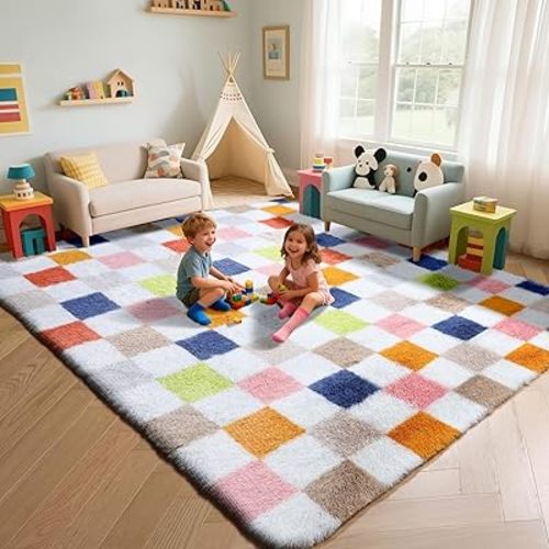 KICMOR Rugs for Living Room 5x7, Fluffy Soft Colorful Checkered Shag Area Rug Fuzzy Shaggy Carpet for Bedroom, Indoor Rainbow Plush Rug for Teen Kids Boys Girls Dorm Nursery Home Decor Aesthetic