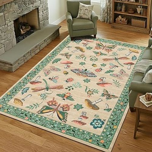 Mushroom Washable Area Rug 6x9 Rugs for Living Room Soft Low-Pile Stain Resistant Thin Carpet for Bedroom Dining Nursery Non Slip Mat with Rubber Khaki Green