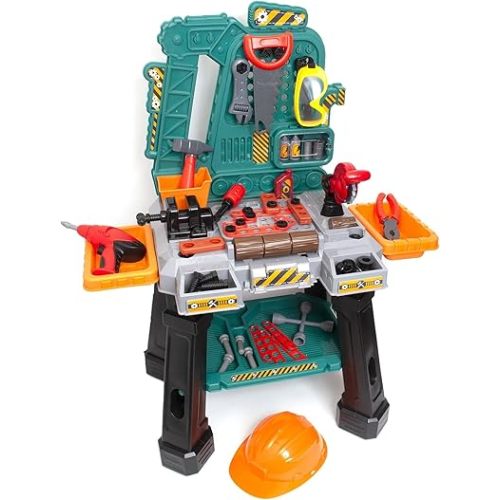 Amazon Basics Kids Workbench Construction Toy Tool Set Playset with 80 Pieces Including Tools, Accessories, Play Helmet & Play Safety Goggles, for Kids Ages 3 and Up, Multicolor, Medium