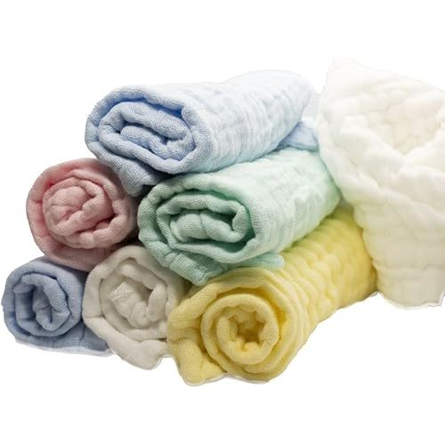 Muslin Baby Washcloths Pack of 7 - Soft Face Cloths for Newborn, Absorbent Baby Bath and Face Towels, 100% Cotton Baby Wipes, Burp Cloths, Feeding Towels for Babies and Infants - 10 x 10’’