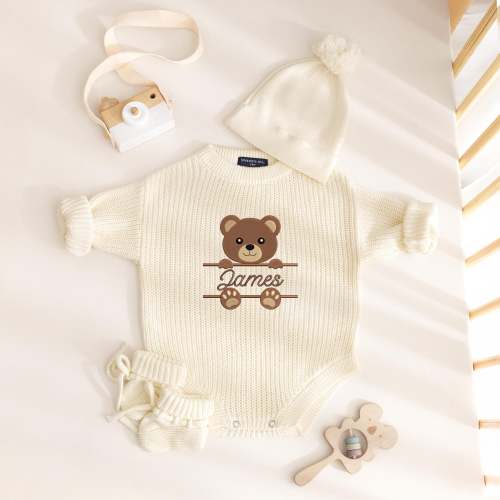 Baby Boy Coming Home Outfit, Custom Baby Name Romper, Bear Baby Boy Outfit, Personalized Baby Gift, Baby Shower Gift, Newborn Outfit