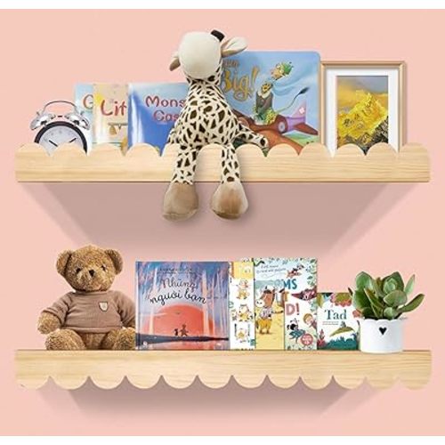 Nursery Book Shelves 24Inches-Floating Shelves for Bedroom Kids, Scalloped Shelves for Wall 2 Pack, Scalloped Shelf for Toddler Room, Baby Room, Nursery Decor, Natural