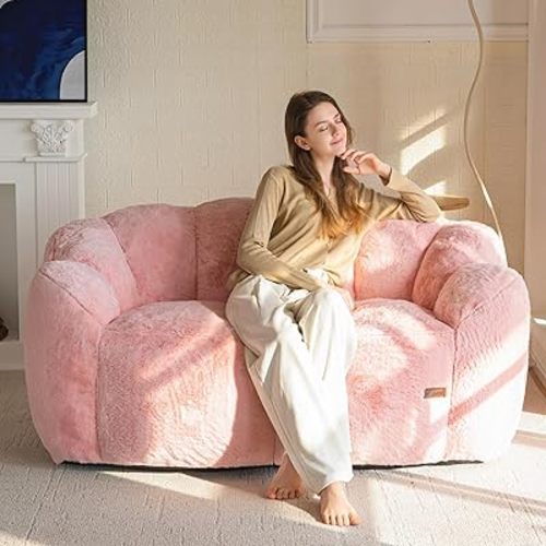 MAXYOYO Bean Bag Chair for Adults, Loveseat Floral Shaped Bean Bag Sofa, Ultra Soft Love Seat Mini Sofa Couch, Faux Fur Reading Chair for Living Room Bedroom, Pink