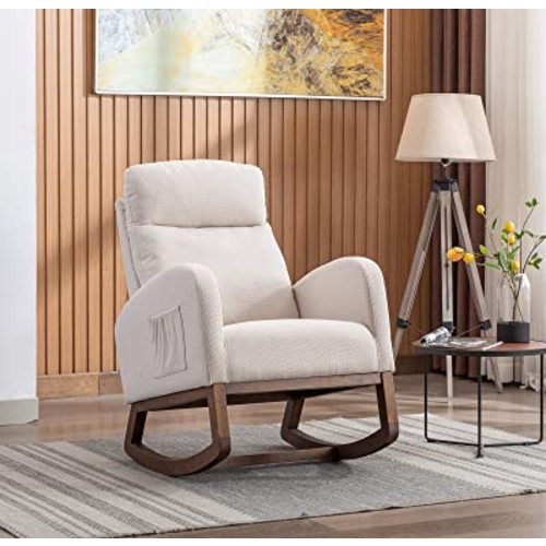 Antetek Modern Accent Rocking Chair, Upholstered Nursery Glider Rocker for Baby, Comfy Armchair with Side Pocket, Living Room Lounge Arm Chair, High Backrest with Headrest Shape Design (Light Beige)