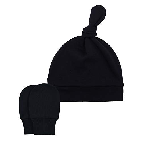 Baby Newborn Hats Set for Boys with No-Scratch Mittens Cotton Beanie Top Knot for Infant 0-6 Months