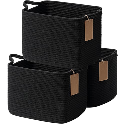 Goodpick Woven Storage Baskets for Shelves, Small Laundry Basket Pack of 3, Toy Baskets Storage Kids, Towel Basket for Bedroom, Living Room, 13 x 10 x 9 Inches, Black