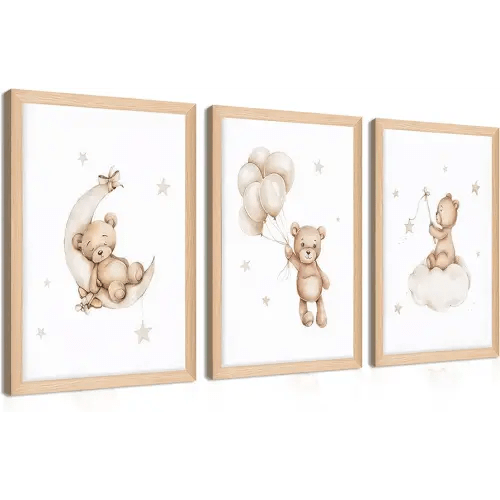Framed Teddy Bear Wall Art Nursery Decor Set of 3, Bear Sleeping on The Moon and Stars Pictures Canvas, Neutral Bears Poster Prints Wall Decor for Kids Baby Room Girls Children Room – 12x16 inch