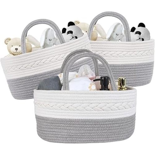 Baby Diaper Caddy Girl Boy Organizer Small Woven Baskets With Handle, Cotton Rope Tote For Shower Nursery, Decorative Small Storage Baskets For Shelves,Unique Gift Baby