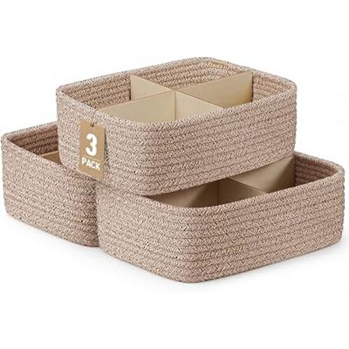 3 Pack Small Baskets for Organizing, Woven Storage Baskets for Shelves | 11.8x7.8x3.8 in Cotton Rope Baskets, Toy Baskets Storage Kids, Basket Organizer, for Living Room, Bedroom, Nursery, Brown