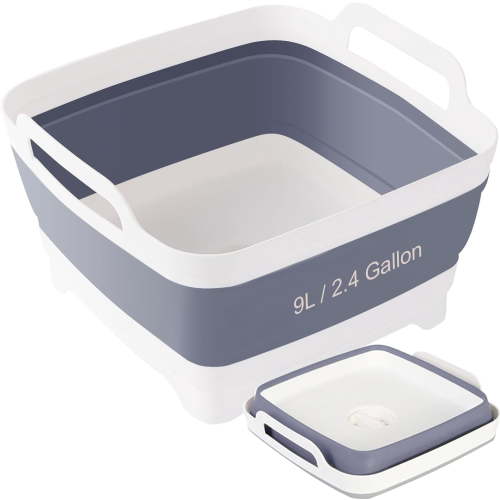 Collapsible Dish Basin & Sink Tub with Drain Plug – 2.4 Gal Bottle Wash Basin, Bottle Washing Bin for RV, Camping, Kitchen | Collapsible Water & Bottle Basin (Grey)
