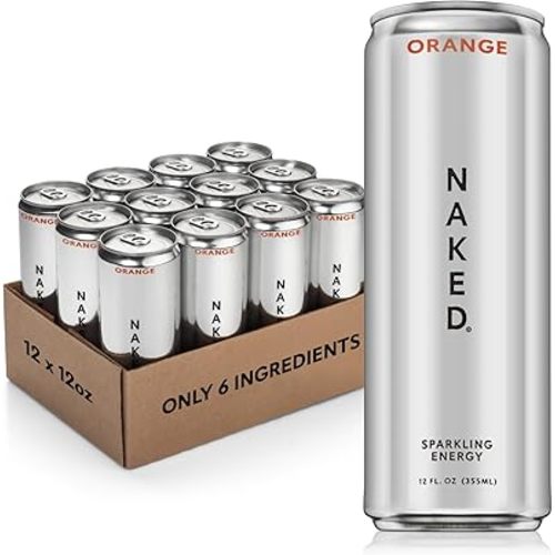 Naked Sparkling Energy Drink - Orange, Organic Caffeine, Organic Lemon Juice, Zero Sugar, No Sucralose, Naturally Sweetened, Natural Energy Drinks, Vegan, Gluten-Free, Non-GMO - 12oz Cans (Pack of 12)