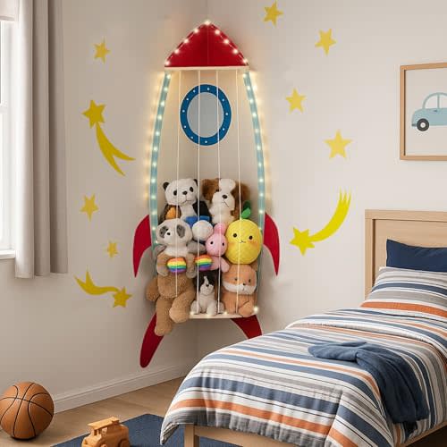 PUTSKA Nursery Furniture Hanging Organizer – Wall Mounted Stuffed Animal Storage for Baby Room, Corner Plush Collection Display & Nursery Organization System, Space-Saving Vertical Storage - Spaceship