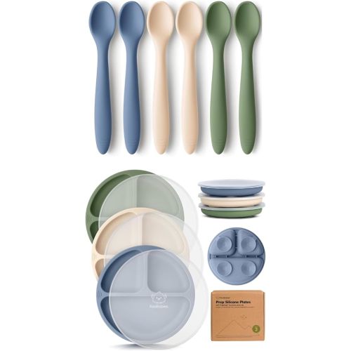 KeaBabies 6-Pack Silicone Baby Spoons and 3-Pack Suction Plates with Lids - Toddler First Food Training Spoon, 100% Silicone Suction Plates with Lids for Babies