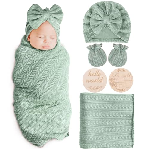 AQOKKA Newborn Receiving Blanket with Bow Hat Mittens Wooden Card Set Wheat-Pattern Newborns Toddler Baby Boy Girl Nursery Swaddle Wrap