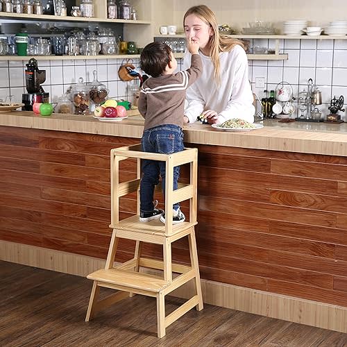 SDADI Kitchen Step Stool, Wooden Step Stool for Kids 1-3 with Safety Rail for Kitchen and Bathroom, Anti-Tip,Stable, Natural