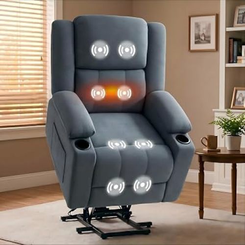 FLEXISPOT XL31 Power Lift Recliner Chair for Elderly, Electric Lift Chair with Massage & Heat, Fabric Reclining Sofa w/USB & Type-C Charging for Living Room Bedroom(Medium Size, Denim Blue)