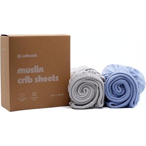 Muslin Crib Sheets –Oeko-TEX® Certified Organic Turkish Cotton Fitted Sheets for Baby Crib, Boys & Girls, Soft & Breathable, 2 Pack Toddler Bed Sheets 52x28, Dreamy Blue & Cloudy Gray