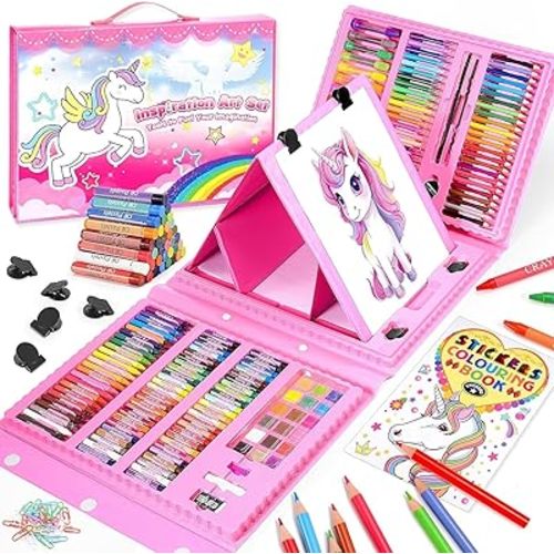 Art Supplies, Art Kits Arts and Crafts for Kids Age 4-6 6-8 8-12 with Trifold Easel,Includes Sketch Pads,Oil Pastels,Crayons,Colored Pencils,Drawing Set for 3-12 Year Olds Girls Boys (Unicon-Pink)