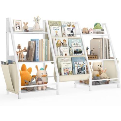 SUGIFT Kids Bookshelf and Toy Organizer, 3-Tier Wooden Book Rack with Sling Fabric Storage, Toddler Reading Shelf for Playroom