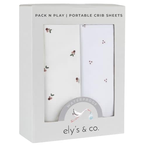 Ely's & Co. Patent Pending Waterproof Pack and Play Sheets, 100% Cotton with Waterproof Lining – 2 Pack Fitted Mini Crib Sheet Set, Berry and Cluster Dot (Lavender) 38” x 24”