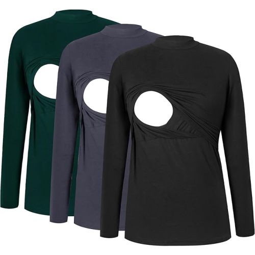 Smallshow Women's Nursing Tops Crew Neck Long Sleeve Breastfeeding Shirt 3 Packs