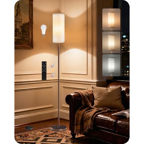 Dimmable Floor Lamps for Living Room with Remote and Foot Switch, 64.4” Modern Standing Tall Lamp, Corner Lamp for Bedroom, Bulb Included, 3000K-6500K, Beige and Brown, FCC Listed VE06LD05W1