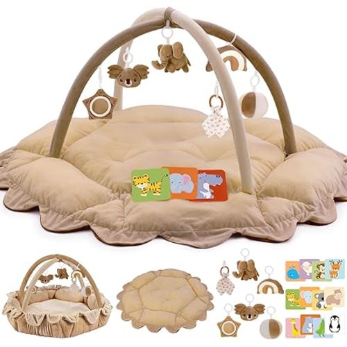 5-in-1 Plush Baby Play Gym, Activity Mat with Convertible Gym, Baby Gym 6 Sensory Toys, Play Center for Newborn to Toddler, Brown