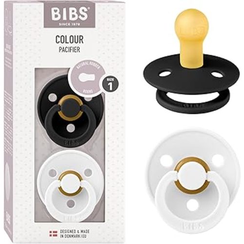 BIBS Colour Pacifiers | Set of 2 BPA-Free Latex Baby Pacifiers | Round Nipple | Made in Denmark (Black/White | 0-6 Months)