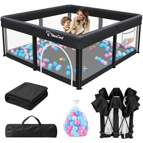 TOREVSIOR Foldable Baby Playpen with Mat, 50"×50" Collapsible Play Pen for Babies and Toddlers, Indoor & Outdoor Kids Safety Play Pen, Portable Play Yard, Foldable Baby Playpen with 50 Ocean Balls