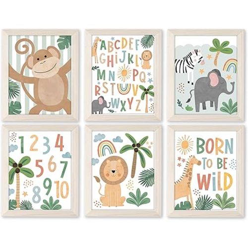 Hadley Designs 6 Safari Nursery Wall Decor - Reversible Unframed Baby Boy Nursery Decor, Jungle Decors for Boys Room, Safari Wall Decors, Jungle Prints for Kids, Made in USA