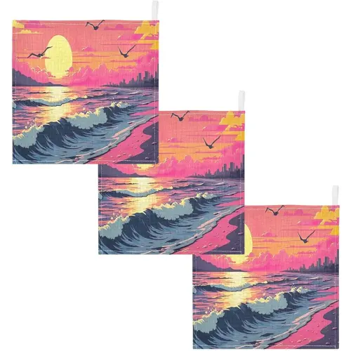 Kigai Baby Washcloths 3 Pack - Sunset Beach Seagulls Soft and Absorbent Muslin Baby Face Towel Bath Essential for Newborn and Infant Care, 12x12 in