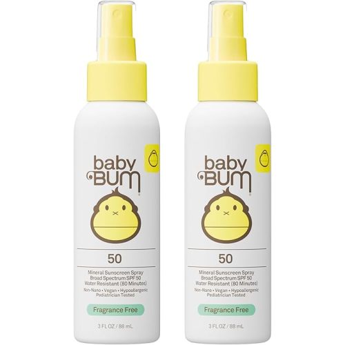 Sun Bum Baby Bum SPF 50 Sunscreen Spray | Mineral Uva/Uvb Face & Body Protection for Sensitive Skin | Fragrance Free | Travel Size | 3 fl oz | 2 Pack