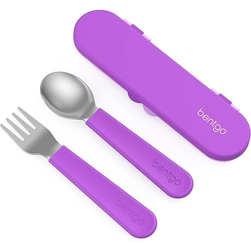 Bentgo Kids Stainless Steel Utensil Set - Reusable Fork, Spoon & Storage Case, PFAS- & BPA-Free, Easy-Grip Handles, Lightweight, Dishwasher Safe, School Lunch, Travel & Outdoors (Purple)
