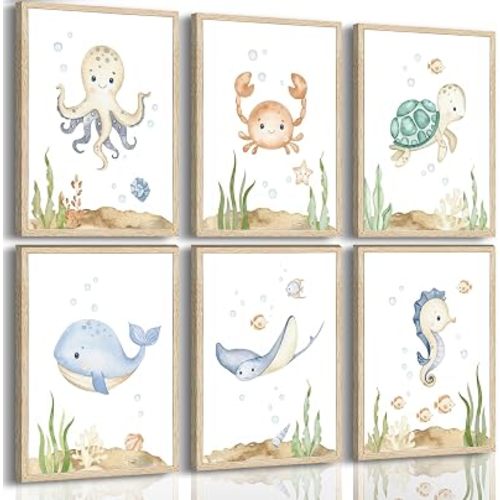 CALHAON 6 Pcs Ocean Nursery Poster Wall Art,Sea Painting Picture Wall Decor,Nursery Animal Canvas Print Artwork,Under The Sea for Kids Bathroom,Boys Room,Girls' Room Home Decoration Unframed 8x10inch