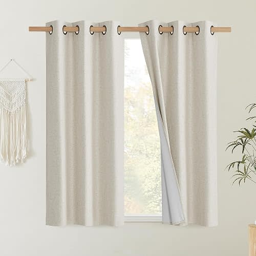 NICETOWN Natural Linen Complete Blackout Curtains 54 inches for Kids Room, 2 Panels, Thermal Insulated & Noise Reducing Window Draperies with White Liner, Noise Reducing Short Drapes