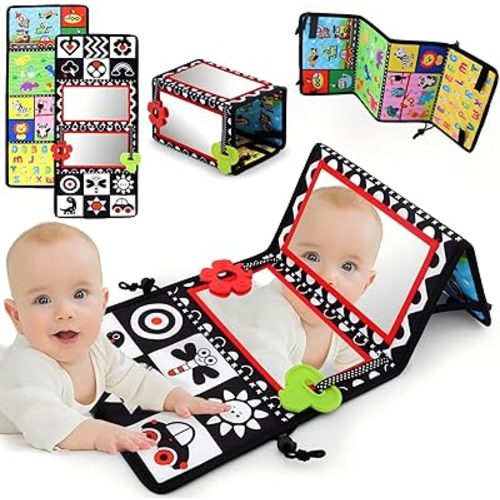 Tummy Time Mirror, Double-Sided Baby Mirror Black and White High Contrast Baby Toys for Babies Newborn Infant, Crawling Toys Boys Girls Sensory Toys Activity mat