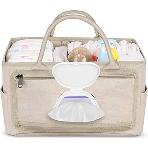 Diaper Caddy with Wipe Dispenser One-Handed Access, Premium Diaper Organizer, Portable Car Organizer Nursery Basket for Newborn Essentials, Perfect Registry Must Haves for Boys & Girls, Beige