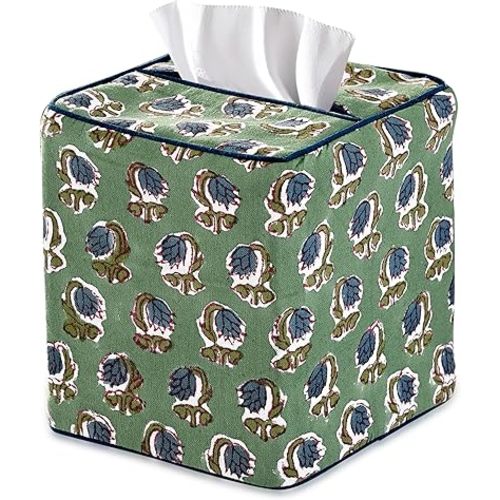 Ridhi Basil Green Block Print Tissue Box Cover Handmade Cotton Fabric Decorative Square Napkin Holder for Home Bedroom Living Room Bathroom Vanity Countertop Car Night Stands Office Kitchen