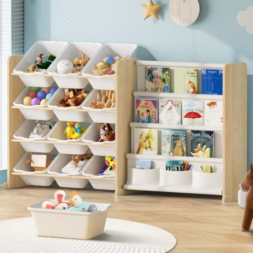 Kids Toy Storage Organizer with 12 Toy Bins and 4 Book Shelves