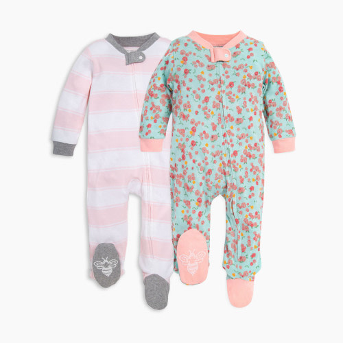 Burt's Bees Baby Organic Sleep & Play Footie Pajamas (2 Pack Bundle) - Ditsy Floral/Blossom Rugby Peace Stripe, 3-6 Months