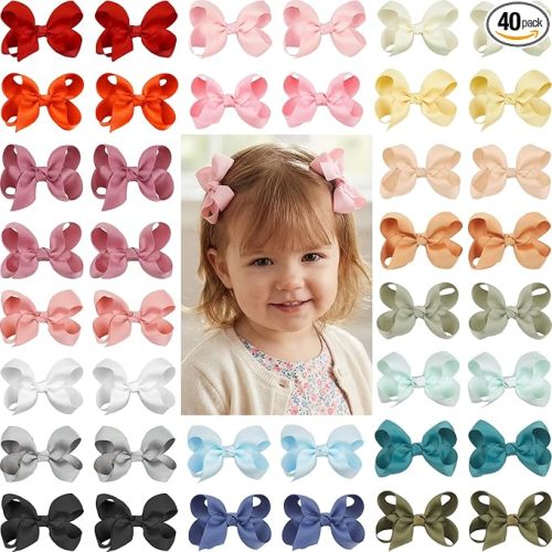CÉLLOT 40 Pieces 3 Inch Hair Bows for Girls Clips Grosgrain Ribbon Boutique Hair Bow Alligator Clips For Girls Teens Toddlers Kids