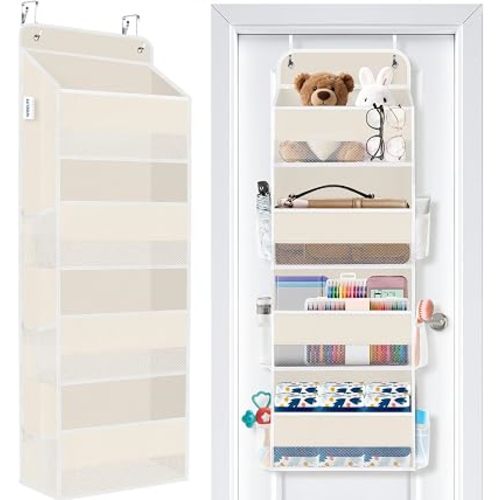 WISELIFE Over The Door Organizer Storage 4 Shelves Large Capacity Hanging Bedroom Storage Solution with 6 Side Pockets for Dorm Bathroom Pantry Nursery and Baby Essentials Holds up to 40 Lbs (Beige)